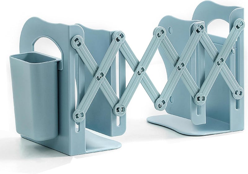Bukela Book Holder, Adjustable Bookends, Metal Book Ends for Books Papers Magazines Albums DVDs Desks Binder Organizer Holder for Home,Office,Classroom with Pen Holder,Extends up to 19 inches (Blue) - Image 1
